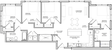 Floor plan for 4 beds, 2 baths, 1408 sqft